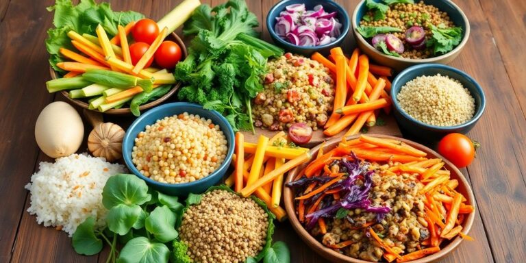 Colorful vegetarian dishes on a rustic wooden table.