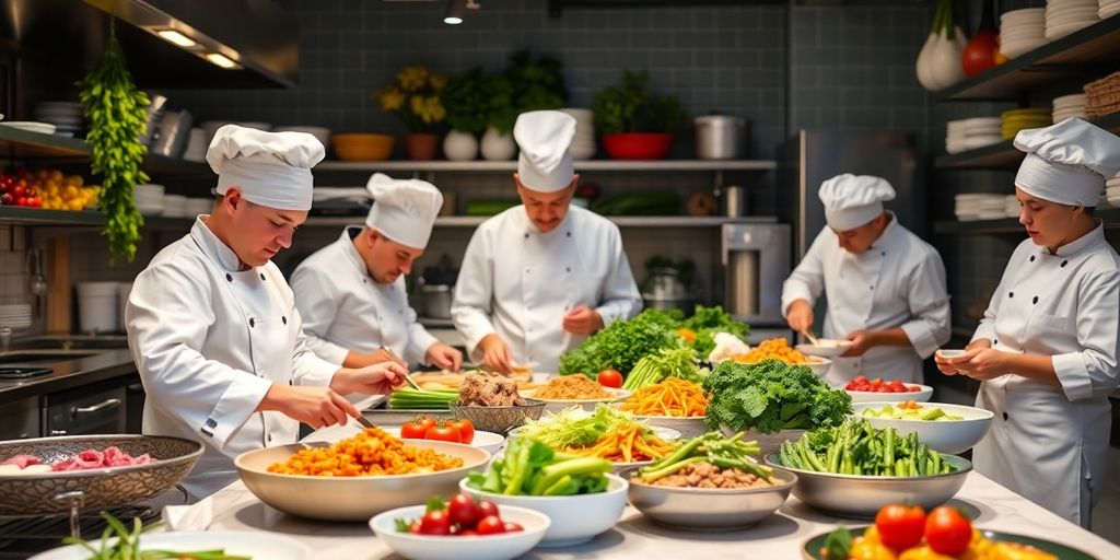 Chefs cooking with fresh ingredients in a lively kitchen - Exploring Culinary Industry Trends in 2025: What to Expect?