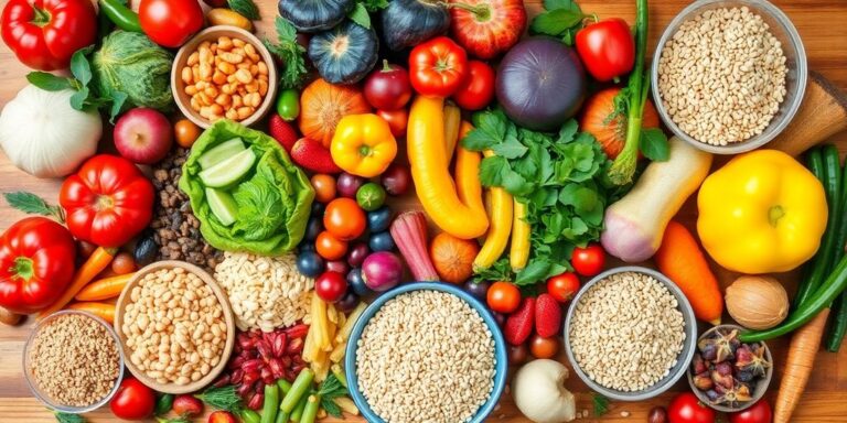 Colorful fruits, vegetables, and grains rich in fiber.