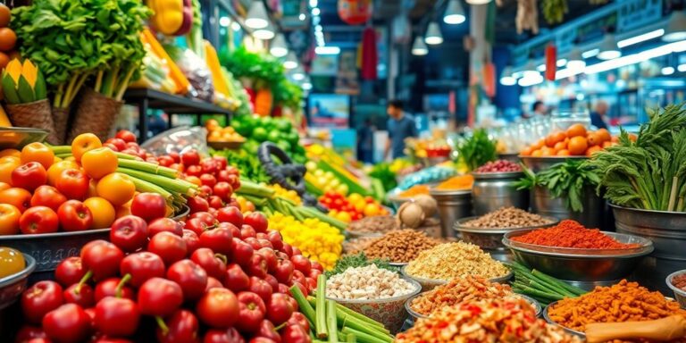 A colorful food market with various ingredients and dishes.