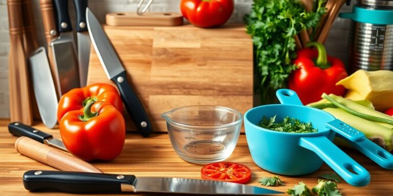 Colorful kitchen tools and fresh ingredients on a countertop.