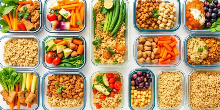 Colorful meal prep containers with healthy ingredients.