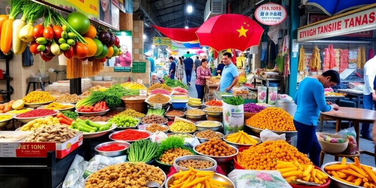 Colorful Vietnamese food market with fresh produce and dishes.