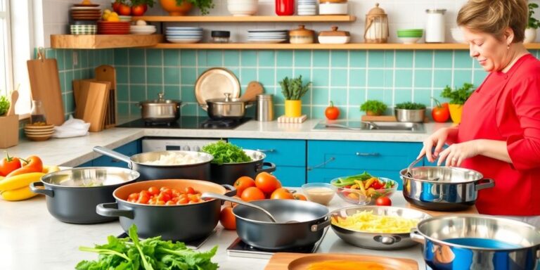 Home chef cooking with fresh ingredients in a lively kitchen.