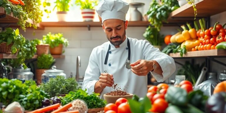 Ingredient specialist selecting fresh herbs and vegetables in kitchen.