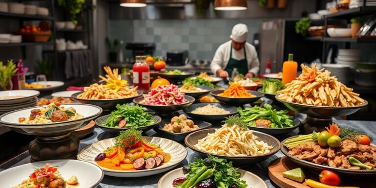 Colorful dishes and chefs in a modern kitchen.