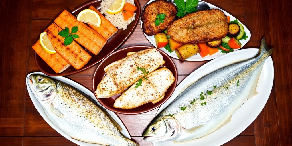 A variety of cooked fish dishes on a wooden table.