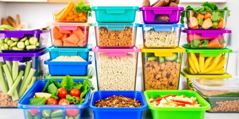 Colorful meal prep containers with healthy ingredients arranged neatly.