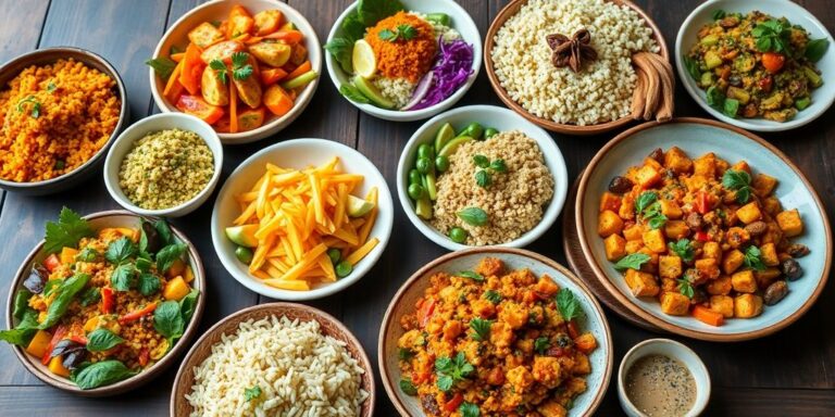 Colorful vegetarian dishes on a wooden table.