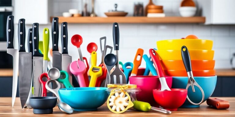 Collection of essential kitchen gadgets on a countertop.