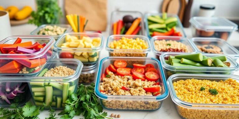 Colorful meal prep containers with healthy foods on a counter.