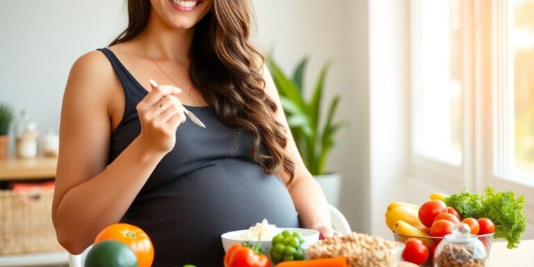 Pregnant woman eating a nutritious meal with fresh foods.
