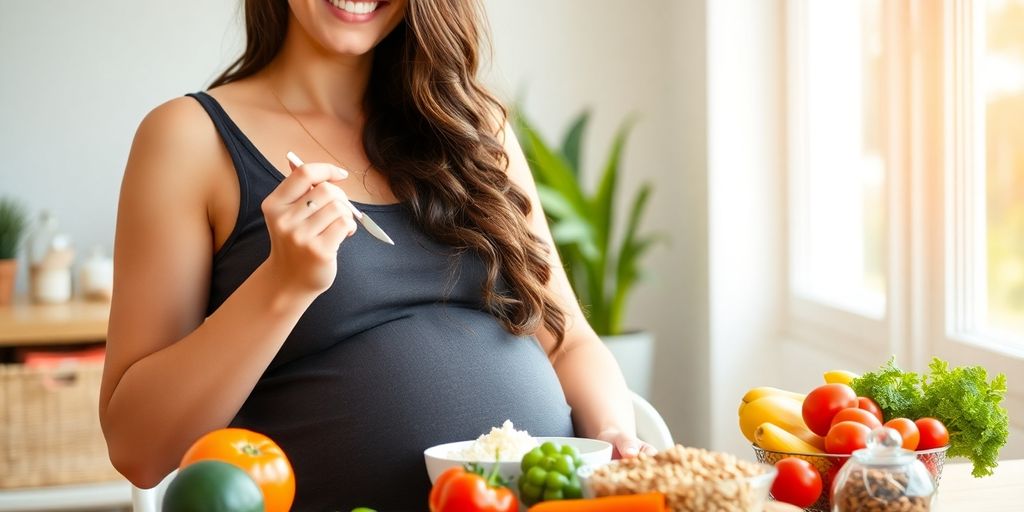 Pregnant woman eating a nutritious meal with fresh foods.