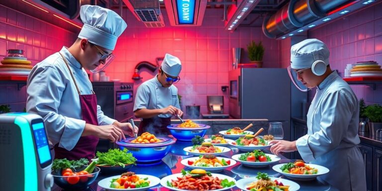 Futuristic kitchen with chefs and innovative cooking gadgets.