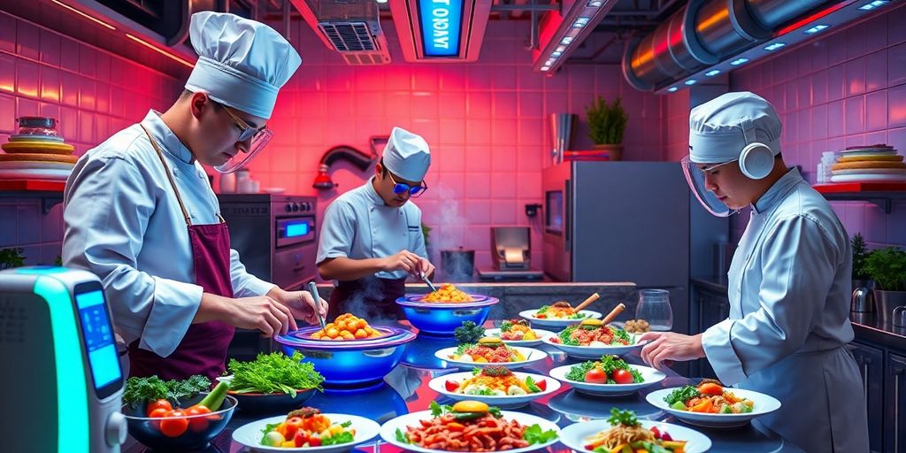 Futuristic kitchen with chefs and innovative cooking gadgets.