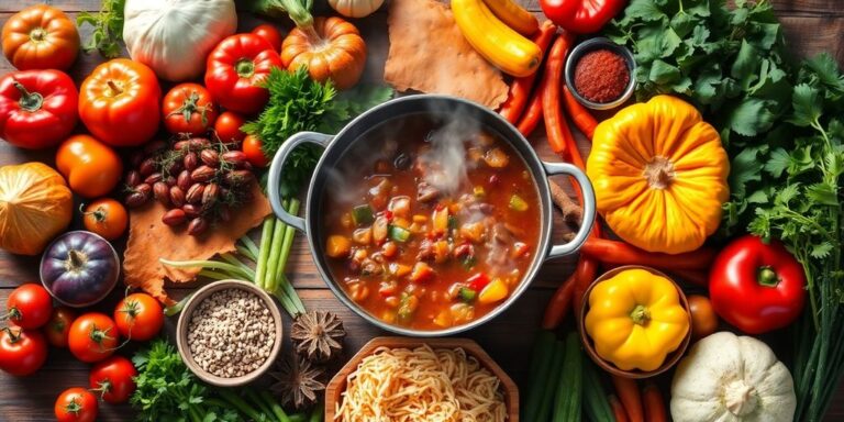 Colorful ingredients and a steaming pot of stew.