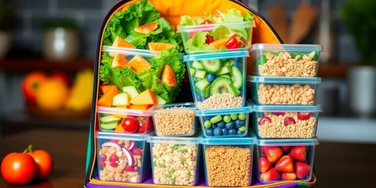 Colorful meal prep lunch bag with healthy containers.