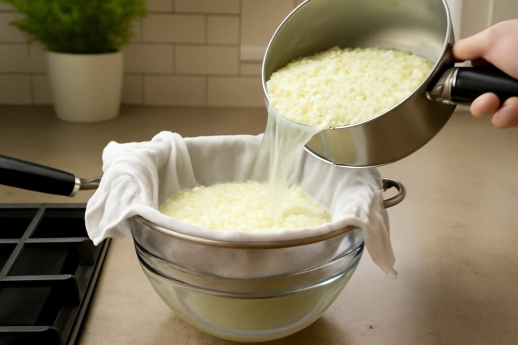 How to Make Soft and Tasty Paneer from Milk at Home (Foolproof Method) - Plattershare - Recipes, food stories and food lovers How to Make Soft and Tasty Paneer from Milk at Home - Strain the Paneer