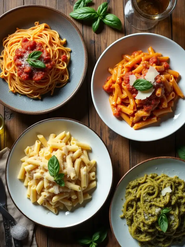 How to Cook Perfect Pasta like a Chef: Tips & Techniques - Plattershare - Recipes, food stories and food lovers How to Cook Perfect Pasta like a Chef: Tips & Techniques - Assorted pasta dishes with different sauces including tomato, Alfredo, and pesto, garnished with herbs and Parmesan.