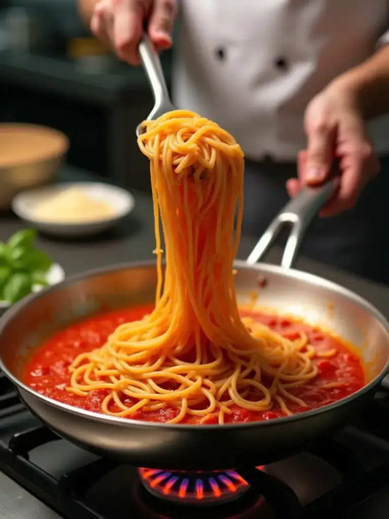 How to Cook Perfect Pasta like a Chef: Tips & Techniques - Plattershare - Recipes, food stories and food lovers How to Cook Perfect Pasta like a Chef: Tips & Techniques - Chef tossing spaghetti in a pan with tomato sauce for a perfect restaurant-style pasta dish.