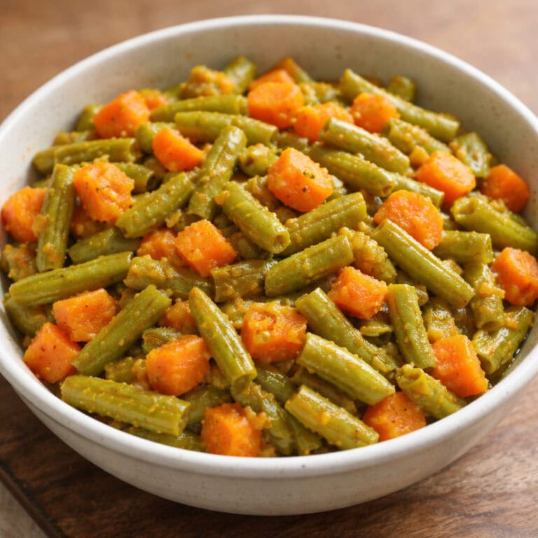 Beans Carrot Sabzi (Low-Oil, Home-Style) - Plattershare - Recipes, food stories and food lovers Steamed green beans and diced carrots in a savory curry sauce, served in a white bowl.