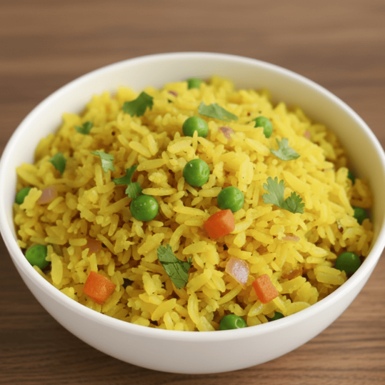 Plain Vegetable Poha (Low-Oil, No Peanuts) - Plattershare - Recipes, food stories and food lovers Bright yellow vegetable pulao rice garnished with peas, carrots, and cilantro in a white bowl.