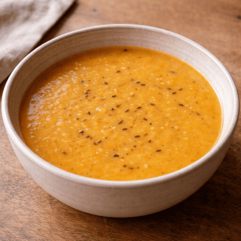 Simple Masoor Dal (Thin, Everyday Style) - Plattershare - Recipes, food stories and food lovers Creamy pumpkin soup garnished with cumin seeds served in a beige bowl on wooden table.