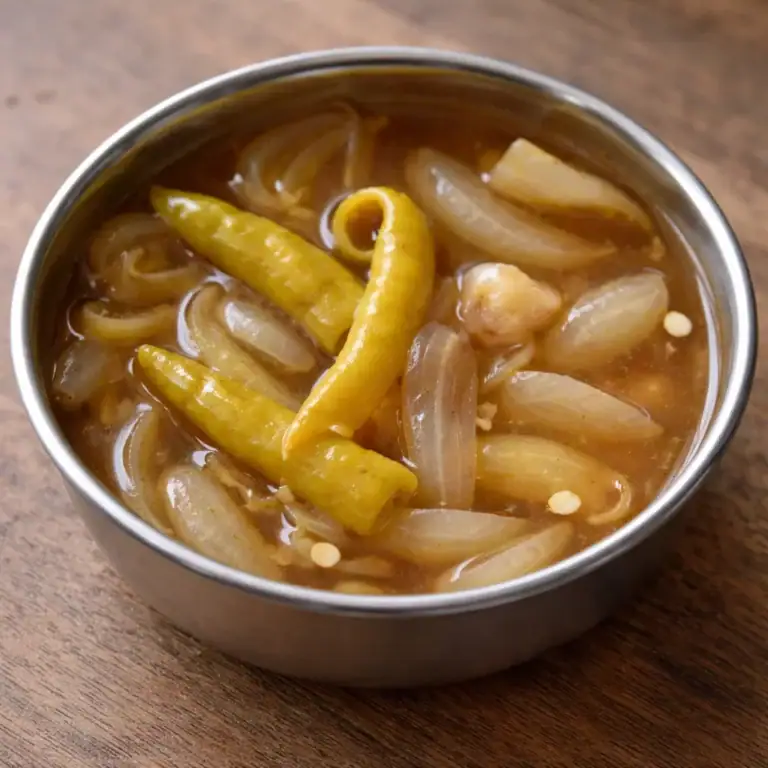 Spicy Green Chili and Onion Pickle (Hari Mirch Aur Pyaz Ka Achar) - Plattershare - Recipes, food stories and food lovers Spicy onion and chili pickle in a bowl, showcasing Indian condiment.