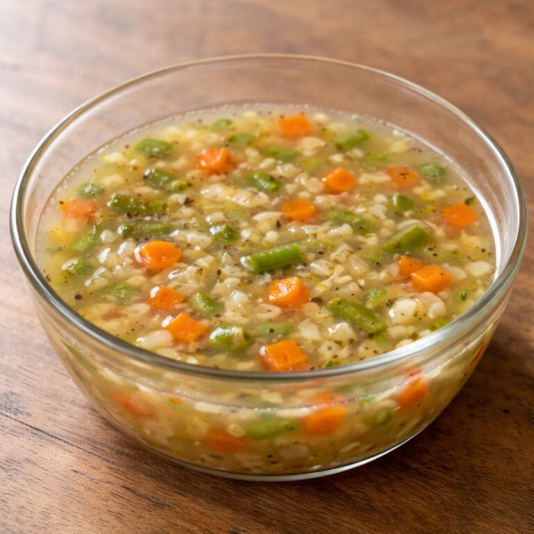 Vegetable Clear Soup (Indian Style, No Cornflour) - Plattershare - Recipes, food stories and food lovers Healthy vegetable soup with carrots, beans, and rice in a glass bowl.