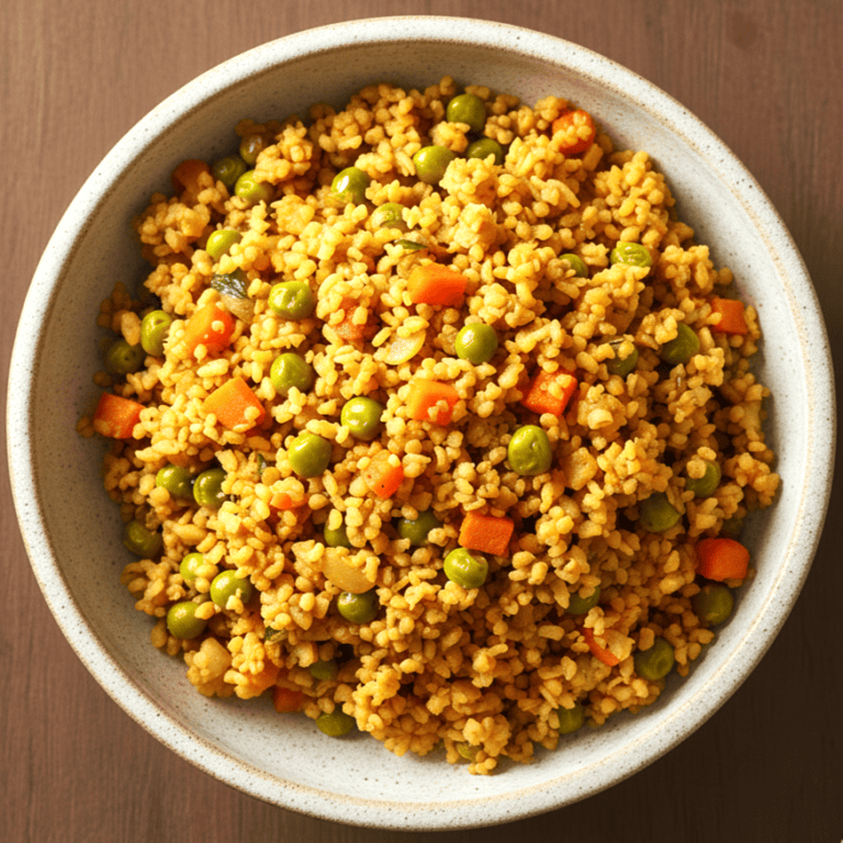 Vegetable Dalia Upma (Broken Wheat, Low-Oil) - Plattershare - Recipes, food stories and food lovers Flavorful vegetable pulao with peas, carrots, and spices, served in a white bowl on a wooden surface.