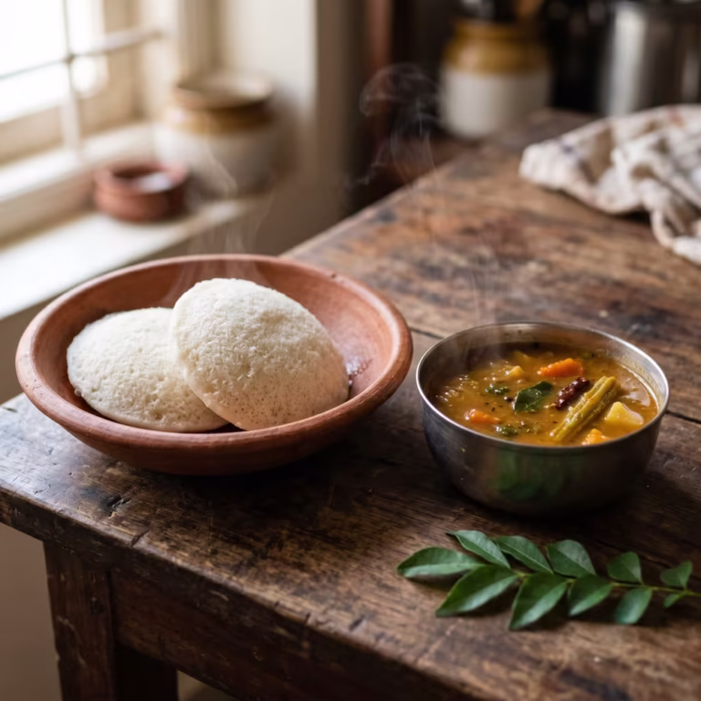 Soft Idli with Light Vegetable Sambar (Home-Style) - Plattershare - Recipes, food stories and food lovers Soft Idli with Light Vegetable Sambar (Home-Style)