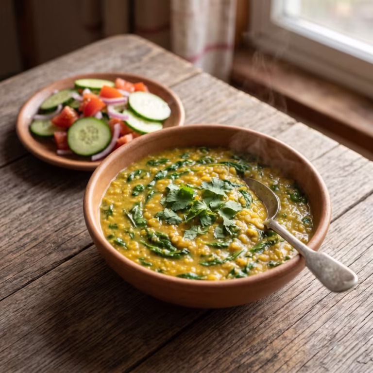 Comforting Moong Dal & Palak Stew with Side Salad - Plattershare - Recipes, food stories and food lovers Comforting Moong Dal and Palak Stew with Side Salad