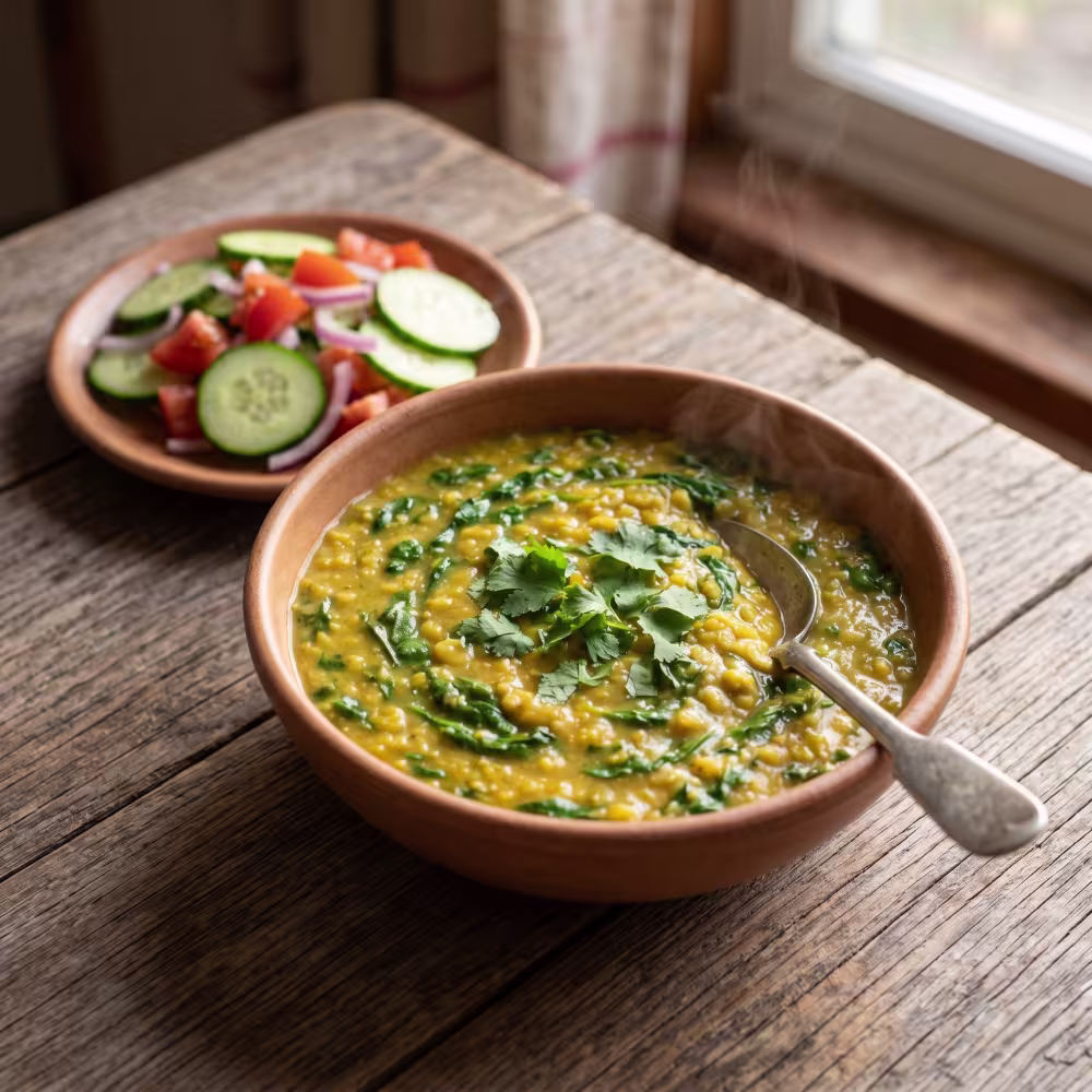 Comforting Moong Dal & Palak Stew with Side Salad - Plattershare - Recipes, food stories and food lovers Comforting Moong Dal and Palak Stew with Side Salad