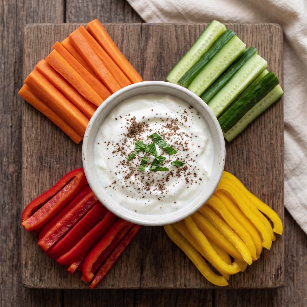 Curd & Roasted Flaxseed Dip with Veggie Sticks - Plattershare - Recipes, food stories and food lovers Curd and Roasted Flaxseed Dip with Veggie Sticks