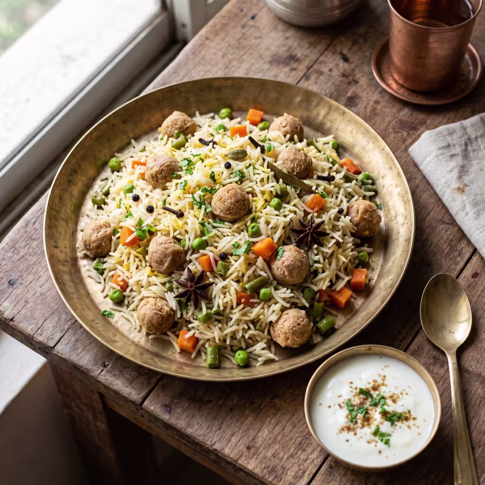 High-Protein Soya Chunk Vegetable Pulao with Curd - Plattershare - Recipes, food stories and food lovers High-Protein Soya Chunk Vegetable Pulao with Curd
