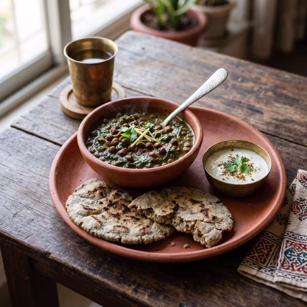 Iron-Rich Kala Chana Palak with Bajra Roti - Plattershare - Recipes, food stories and food lovers Iron-Rich Kala Chana Palak with Bajra Roti