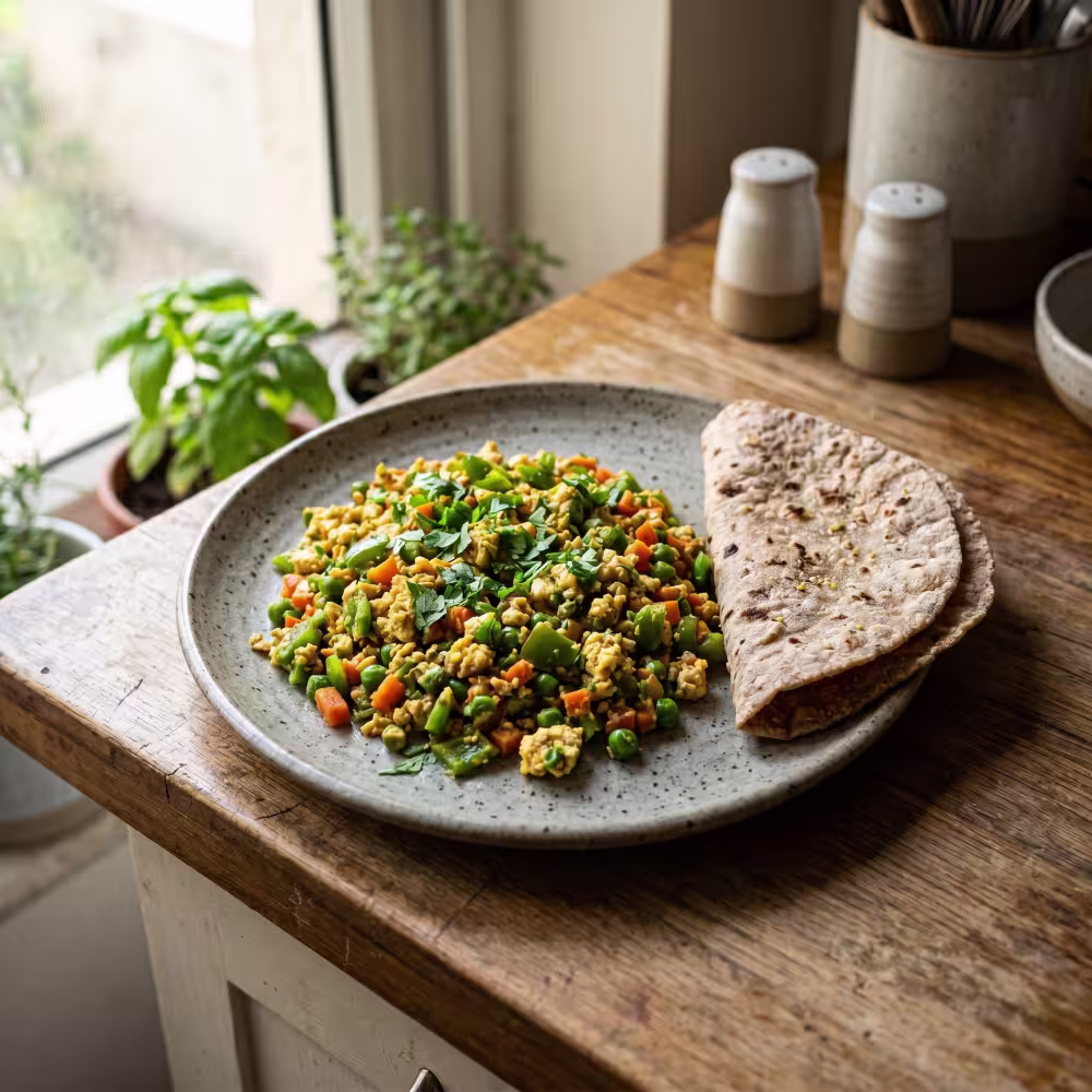 Mixed Vegetable Paneer Bhurji with Multigrain Roti - Plattershare - Recipes, food stories and food lovers Mixed Vegetable Paneer Bhurji with Multigrain Roti