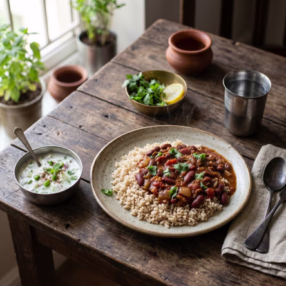 Protein Rajma Masala with Brown Rice & Cucumber Raita - Plattershare - Recipes, food stories and food lovers Protein Rajma Masala with Brown Rice & Cucumber Raita