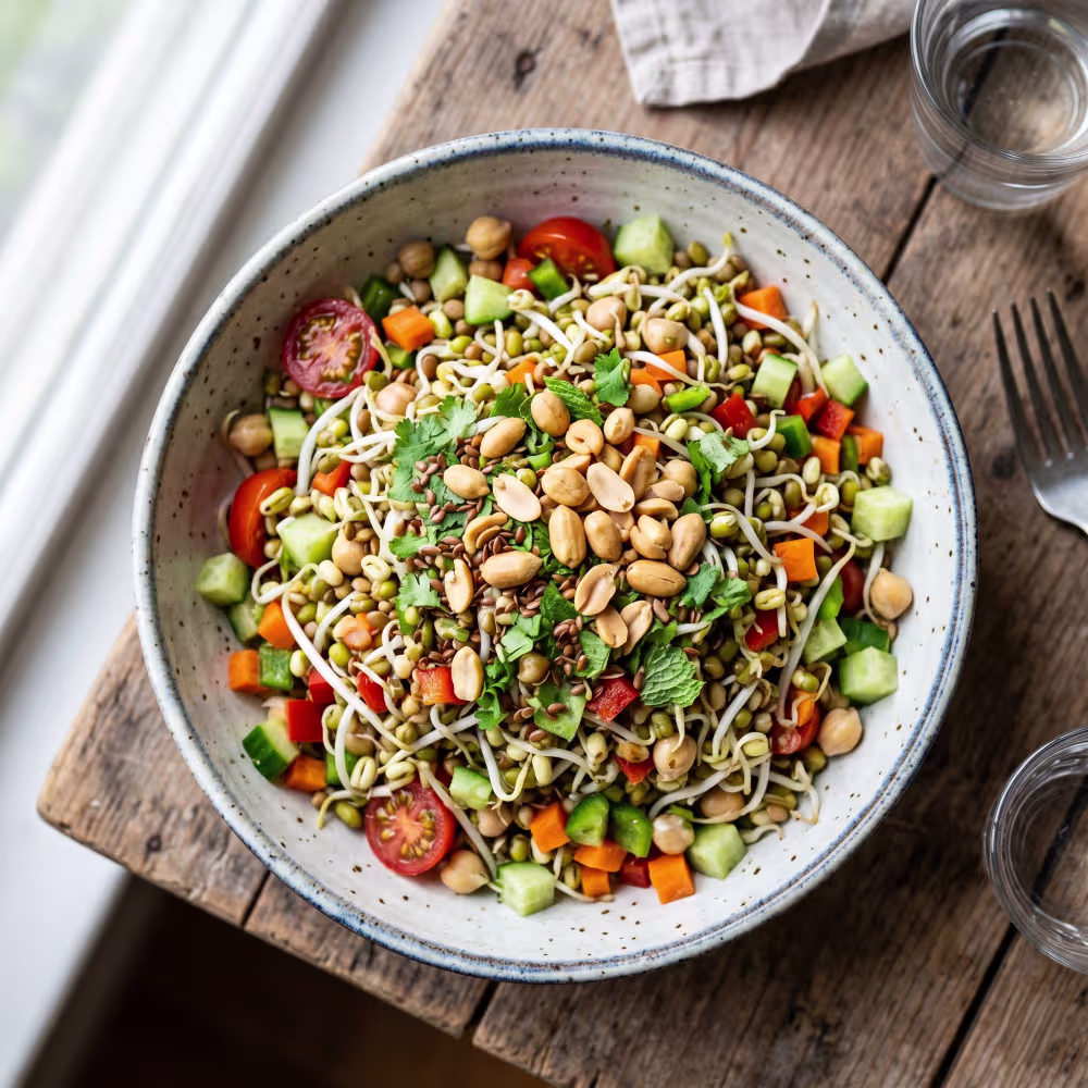 Sprouted Mixed Bean & Veg Salad Bowl with Flaxseed Dressing - Plattershare - Recipes, food stories and food lovers Sprouted Mixed Bean and Veg Salad Bowl with Flaxseed Dressing
