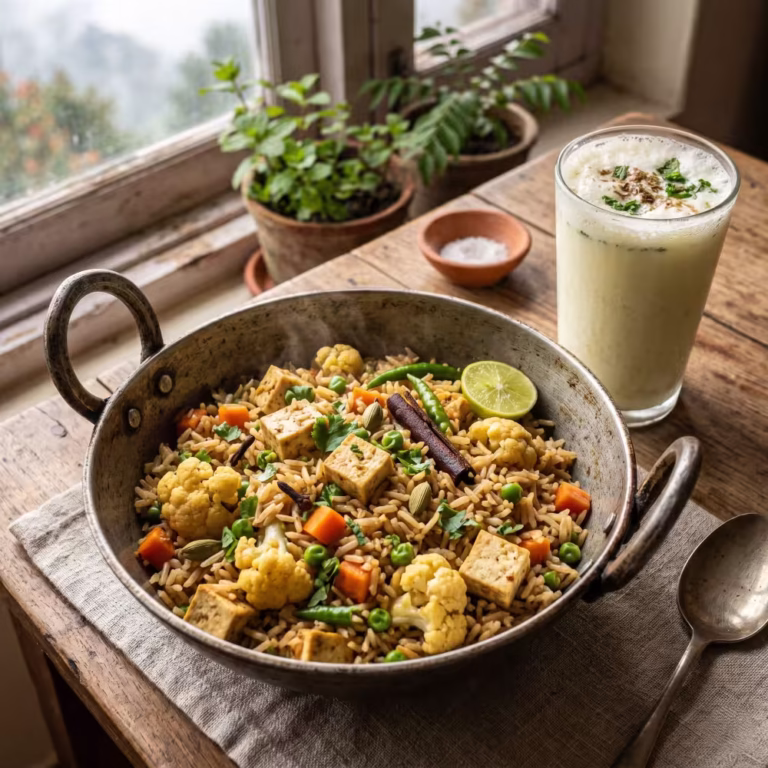 Tofu Vegetable Tehri with Spiced Chaas - Plattershare - Recipes, food stories and food lovers Tofu Vegetable Tehri with Spiced Chaas - Plattershare - Recipes, food stories and food lovers