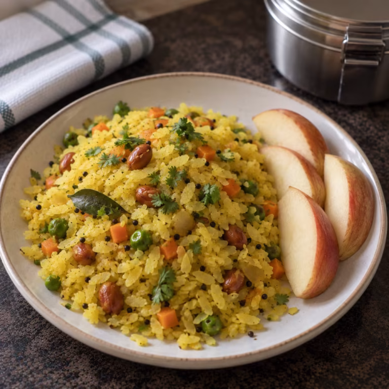 Vegetable Poha for Kids Tiffin - Plattershare - Recipes, food stories and food lovers Vegetable Poha for Kids Tiffin