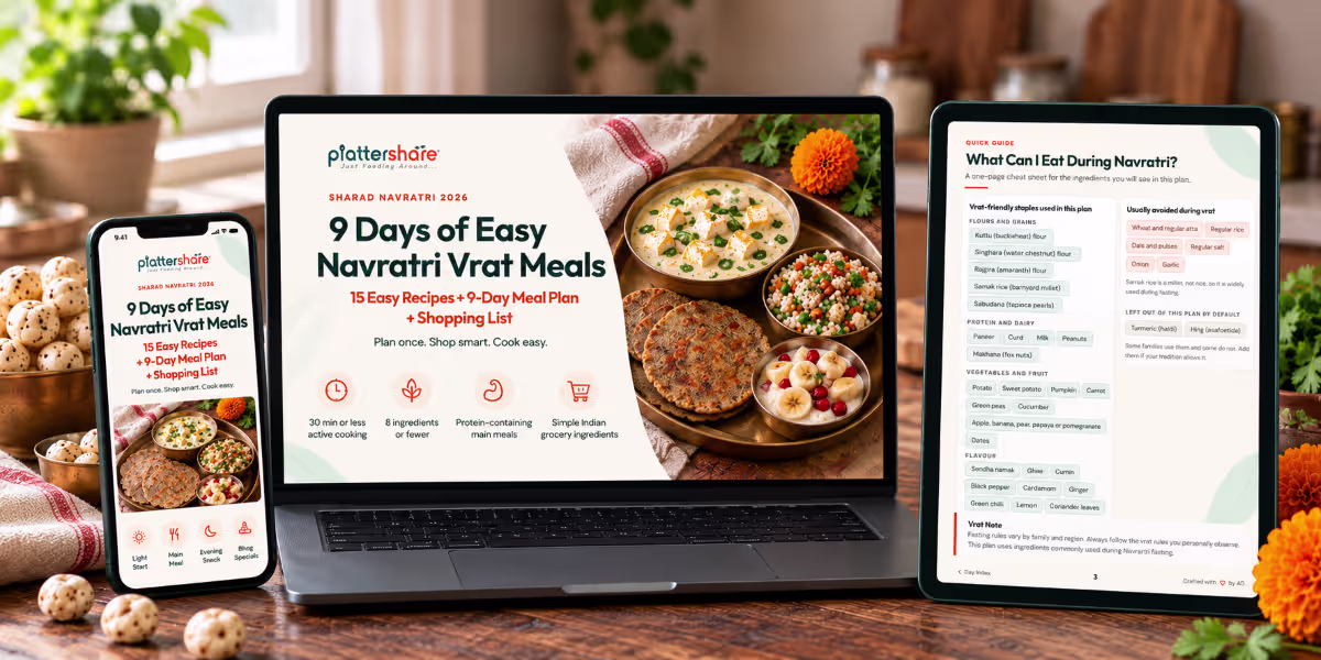 9 Days of Easy Navratri Vrat Meals: 15 Recipes + 9-Day Plan + Grocery List - Plattershare - Recipes, food stories and food lovers The PDF shown on phone and tablet