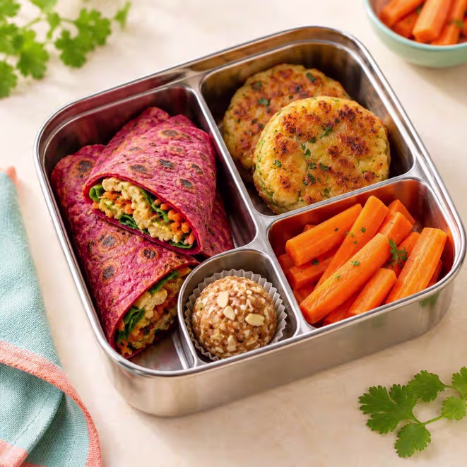 The Picky Eater Tiffin Rescue Guide - Plattershare - Recipes, food stories and food lovers A stainless steel tiffin box with a beetroot roll, tikki, carrot sticks and an energy ball