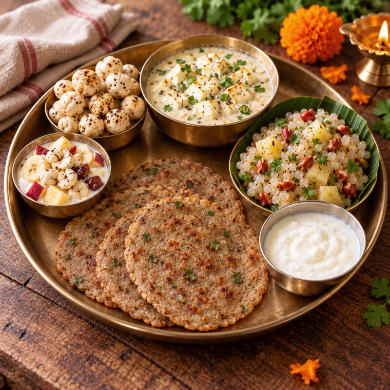 9 Days of Easy Navratri Vrat Meals: 15 Recipes + 9-Day Plan + Grocery List - Plattershare - Recipes, food stories and food lovers A Navratri vrat thali