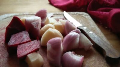 Potatoes and beets prepared for the vegan almond soup recipe.