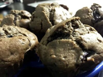 Delicious healthy cherry chocolate oat muffins with a moist texture and rich flavor.
