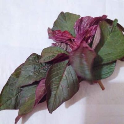 Red spinach leaves with crispy Badi, a Bengali delicacy.