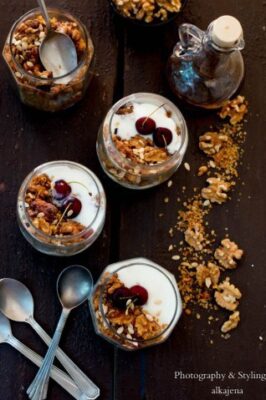 Walnut Granola Yogurt Parfait with Fresh Cherries.