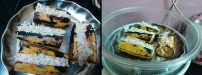 Delicious Kerala breakfast treat of steamed plantains filled with sweet coconut, served on a silver.