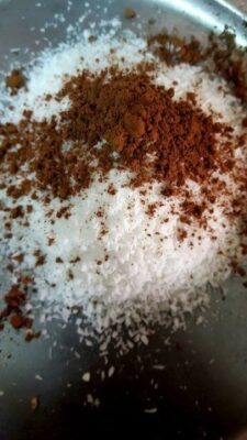 Ingredients for festive paneer Easter eggs with choco-coconut filling.